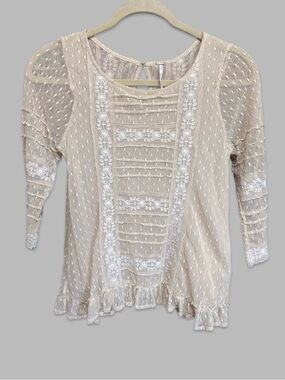 Free People Victoria Sheer Ivory Lace Top Romantic Boho Renaissance XS